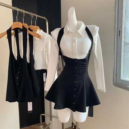 Two Piece New Sexy Chic Halter Female Dresses Basic Polo Neck Fashion Button Shirt Slim Simple A-line XS-L Women Dress