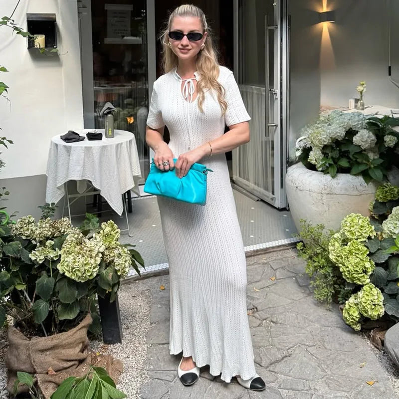 Long Dress Female Short Sleeve Slim Hollow Retro Elegant Sweater Dress 2025 Summer High Waist Woman Dress