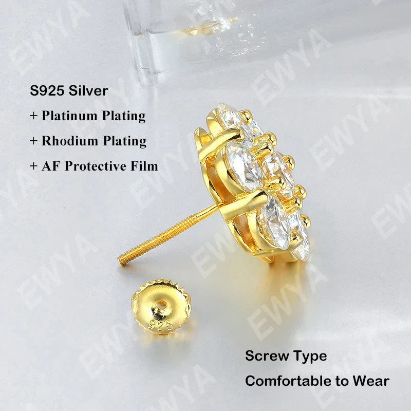 Sparkling Full 5mm 0.5CT D Color Moissanite Screw Earrings for Women 925 Silver Pass Diamond Test Flower Ear Studs with GRA