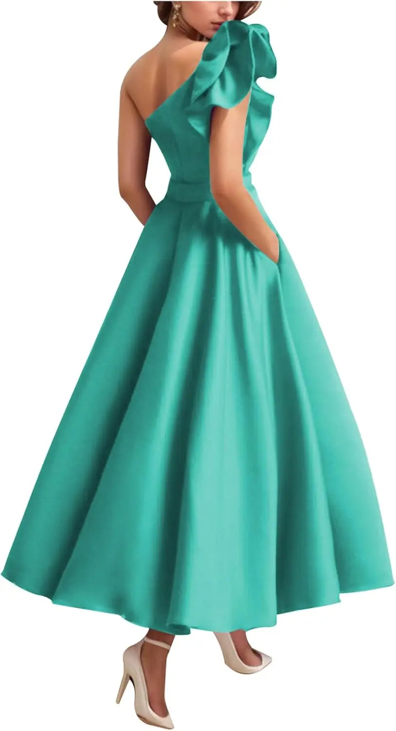 Women's One Shoulder Elegant Evening Dress with Pockets Satin Tea Length A Line Formal Wedding Guest Dress Prom Dresses