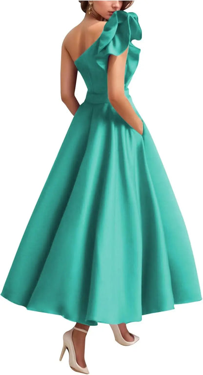 Women's One Shoulder Elegant Evening Dress with Pockets Satin Tea Length A Line Formal Wedding Guest Dress Prom Dresses