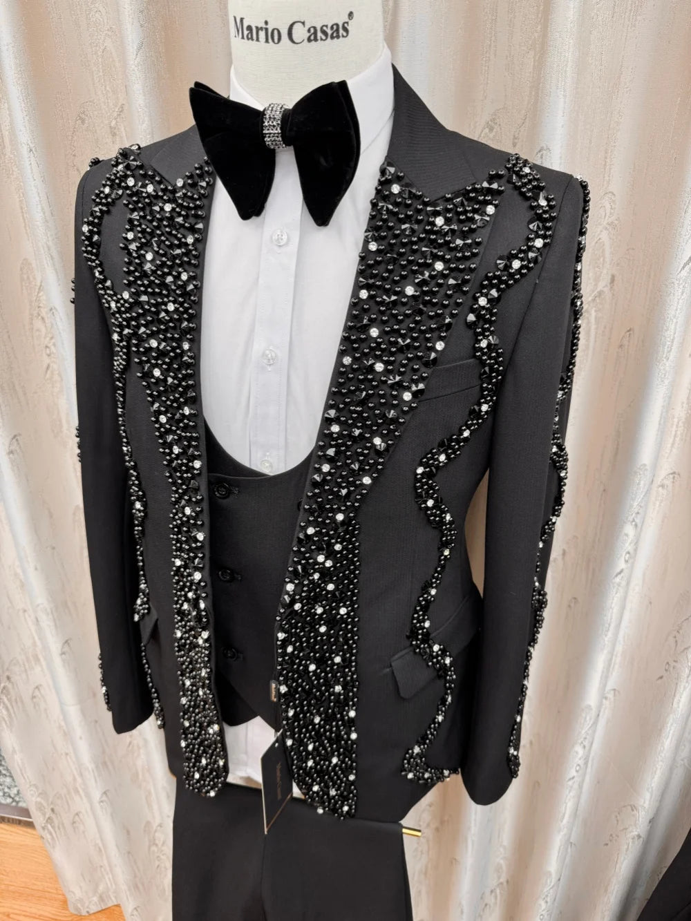 Black Gorgeous Pearls Suit Set 3 Pieces For Men Banquet Party Wear Handsome Elegant Men's Slim Fit Suits Wedding Groom Sets