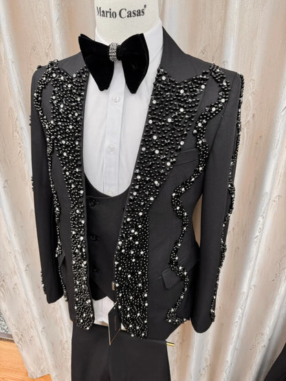 Black Gorgeous Pearls Suit Set 3 Pieces For Men Banquet Party Wear Handsome Elegant Men's Slim Fit Suits Wedding Groom Sets
