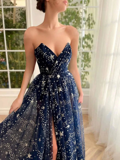 V Neck Luxury Women's Sparkle Starry Tulle Prom Dresses Strapless Slit Formal Evening Party Gowns Formal Dress Women Elegant