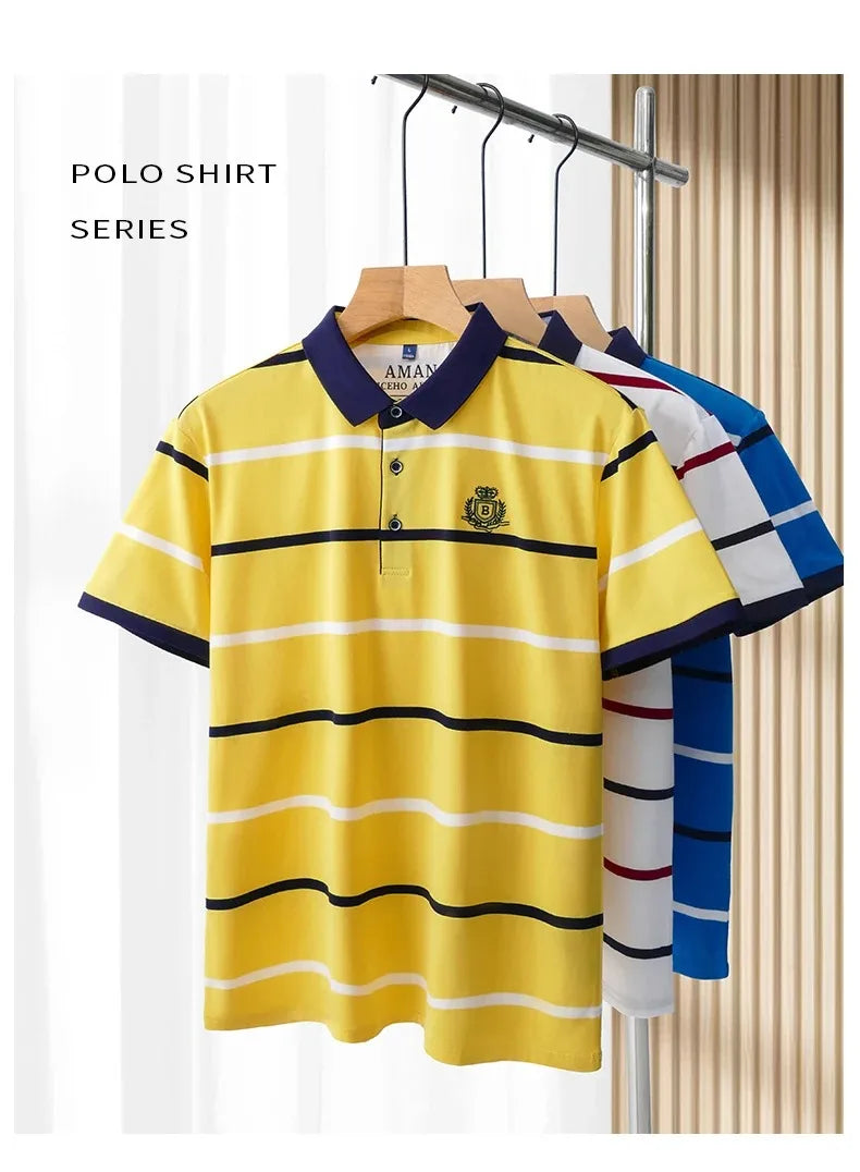 Light luxury brand short sleeve men's POLO shirt summer fashion personality striped badge top breathable ice silk casual T-shirt