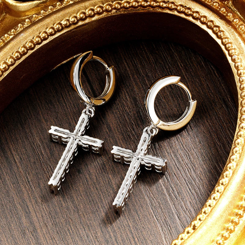 D VVS1 Cross Moissanite Earrings for Women Man GRA Certified Round Diamond Solid s925 Silver Plated 18k Hoop Earring