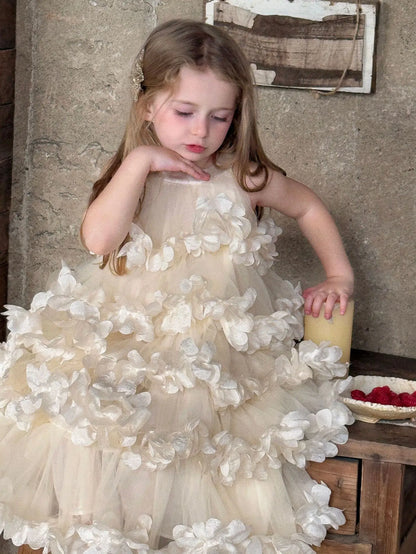 2025 Spring Summer New Children Clothing Girls Neck Hanging Flower Layered Long Dress Korean Children Birthday Princess Dress