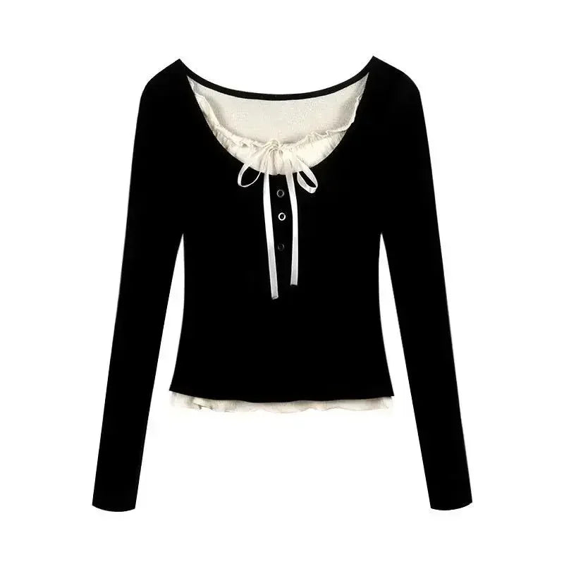 2026 Summer Kawaii Sweet Y2k Crop Tops Woman Casual Slim Long Sleeve Blouse Solid Korean Fashion Bodycon Pullover Office Lady
