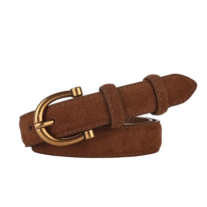 Genuine Leather Suede Women Belt Fashion Skinny Waistband Retro Gold Buckle Brown Belts for Jeans Pants