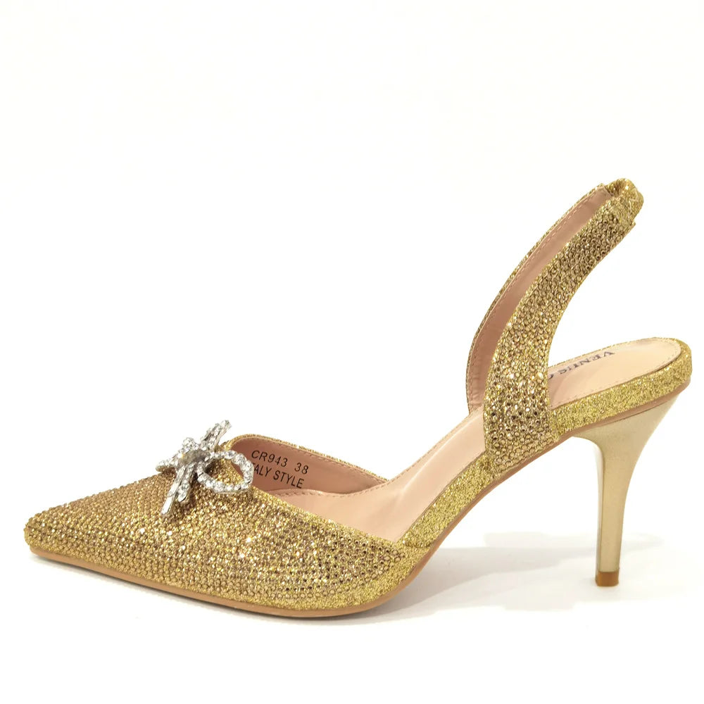 Pointed Toe Ladies Sandal Shoes Matching Bag Set in Gold Color For Nigerian Women Wedding