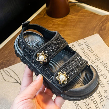 2025 Nice Straw Children Sandals New Arrivals Girls Appliques Metal Decos Sandals for Kids Girl Anti-kick Toe Beach Shoes I03242