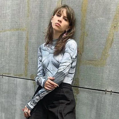 Printed Skinny Sexy Bodysuit Lingerie Gray One-pieces Bustier Long Sleeve Corset Top Streetwear Fashion Trends Women Clothing