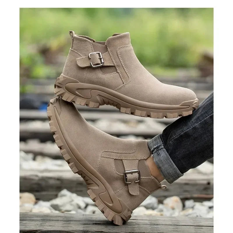 Cowhide and Suede Work Shoes  Outdoor Anti Smashing Safety Desert Boots Chelsea Men's Fashionable Steel Toe Cover Safety Boots