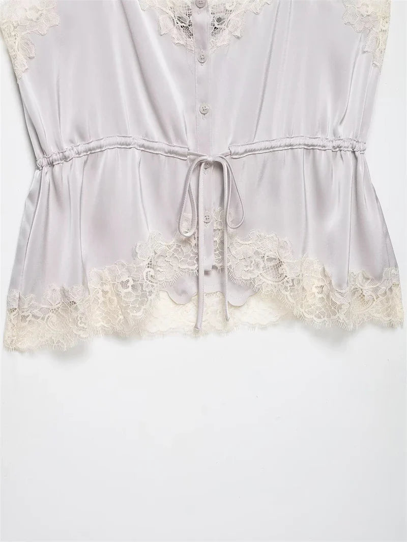 Women's Top 2026 New Spring Summer Lace Decoration Satin Textured Top for Women Chic Personality Female Spaghetti Strap Top