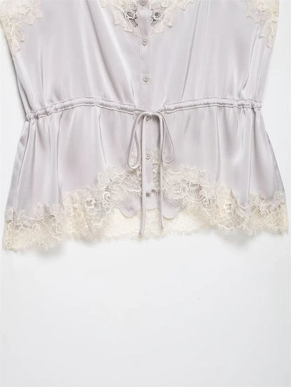 Women's Top 2026 New Spring Summer Lace Decoration Satin Textured Top for Women Chic Personality Female Spaghetti Strap Top