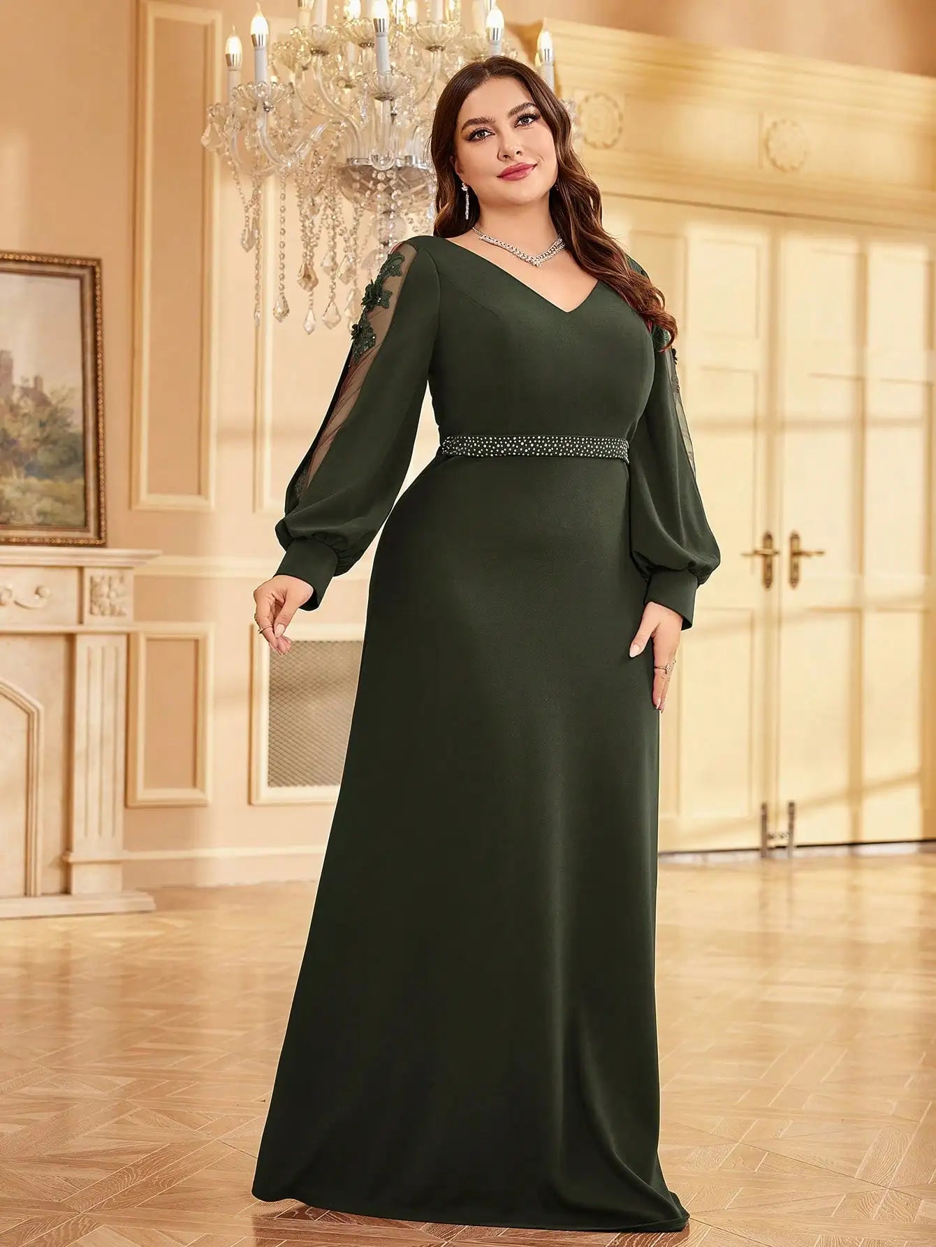 Plus Size Luxury V-Neck Red Long Sleeves Applique Formal Evening Dresses Women V-back Wedding Party Maxi Guest Gowns