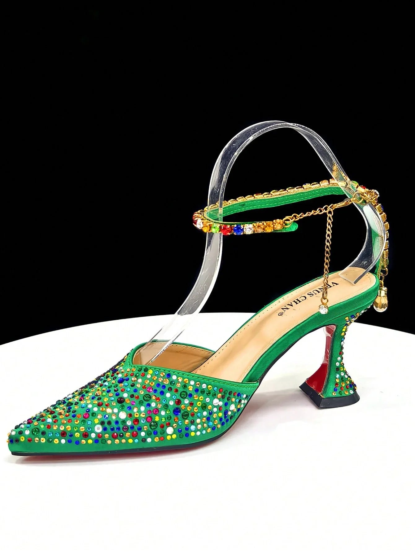 Shiny Italian Fashion Women’s Pointed Toe Heels with Rhinestone Detailing & Matching Green Color Bag Set