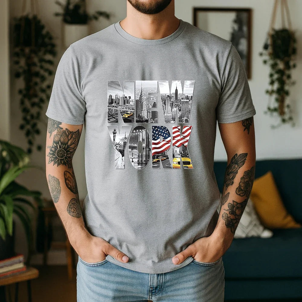 New Summer 100% Cotton T-Shirt New York City Landmark Letter Retro American Street Style Oversized Breathable Short Sleeve