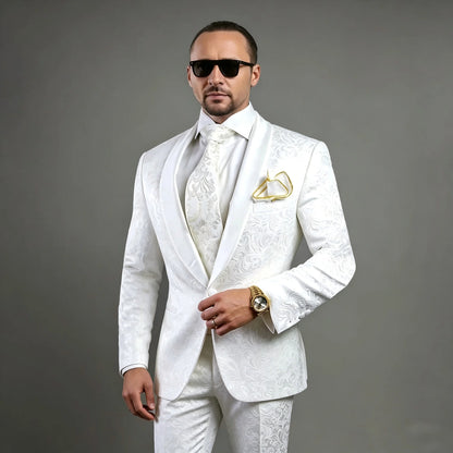 Men's White Floral Printed Two-Piece Suit Jacket Pants Groomsmen Men's Wedding Party Cocktail Party Formal Groom Tuxedos