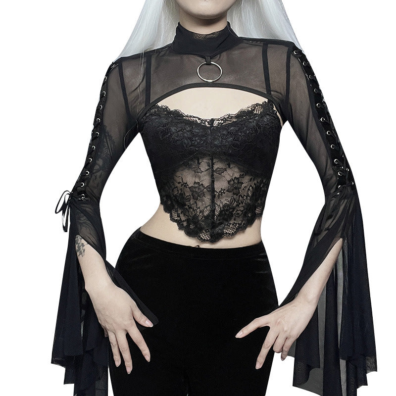 Black Mesh T-shirt Gothic Street Lace-up Punk Ring Flared Sleeves Eyelet Pullover Outer Harajuku Vintage Women Top