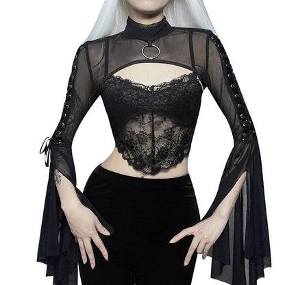 Black Mesh T-shirt Gothic Street Lace-up Punk Ring Flared Sleeves Eyelet Pullover Outer Harajuku Vintage Women Top