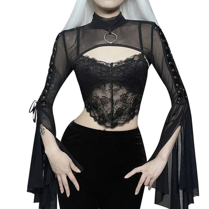 Black Mesh T-shirt Gothic Street Lace-up Punk Ring Flared Sleeves Eyelet Pullover Outer Harajuku Vintage Women Top