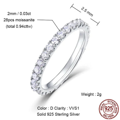 2mm Full Eternity Moissanite Ring 925 Sterling Silver D Color VVS1 Stackable Wedding Band For Women Fine Jewelry