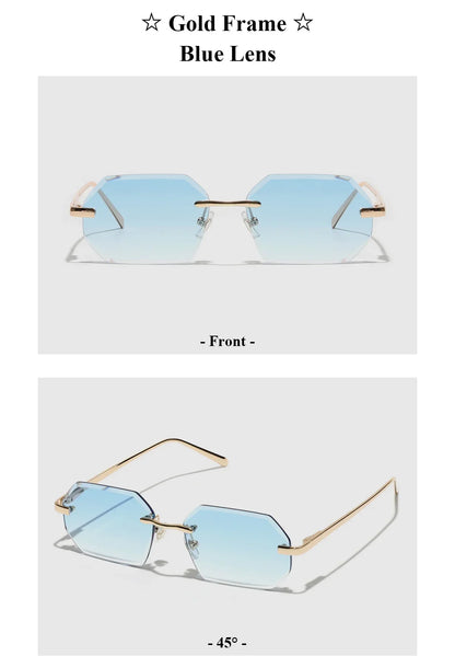 Sunglasses Men Brand Designer Fashion Rimless Sun Glasses Shades Diamond Cut Lens Ladies Frameless Metal Eye glasses