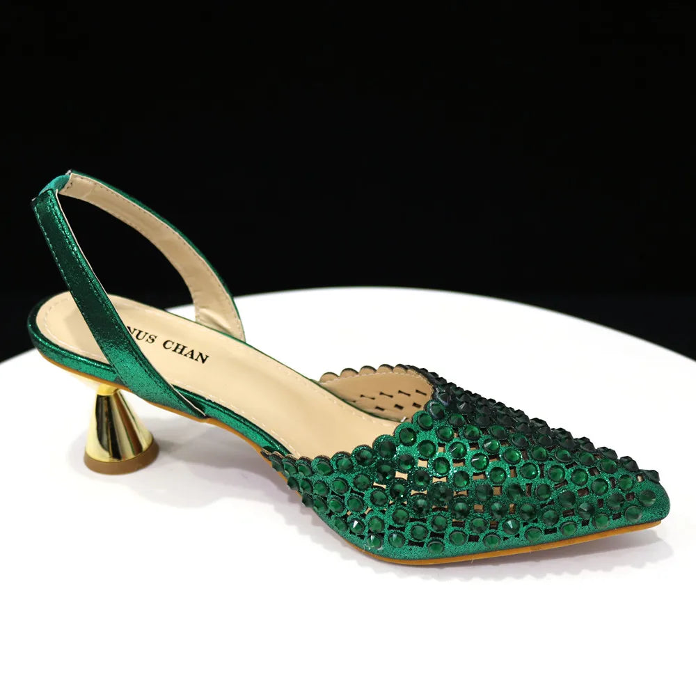 Pointed Toe Heels for Women Elegant Party Wine Color Full Diamond Pumps Italian Shoes and Bags Matching Set