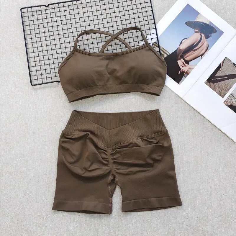Women's Seamless Quick Dry Fitness Set Sports Bra And Hip Lifting V-Waist Yoga Shorts Pilates Training Clothing Gym Set