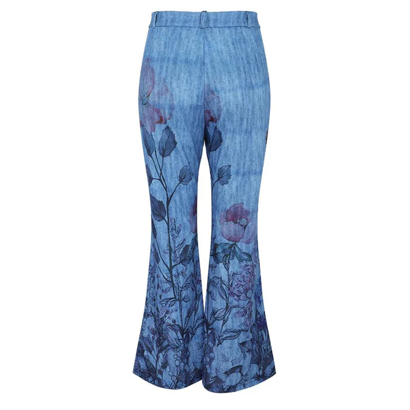 Women's Y2K Vintage Denim Long Pants Floral Print Four Button Front High Waist Flared Jeans Trousers with 2 Pockets