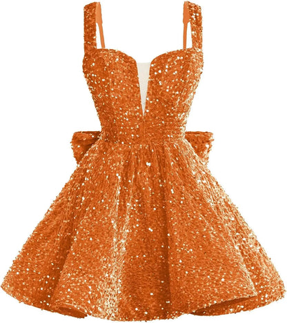 Sparkly Sequin Homecoming Dresses 2026 Short Spaghetti Straps V Neck Cocktail Party Gowns with Bow  Mini Dress Graduation Dress