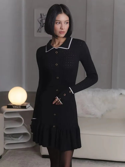 High Waist Ruffled Maxi Dresses For Women Autumn Winter Knitted Slim Long Dress Women's Vintage Dress Woman Retro Elegant