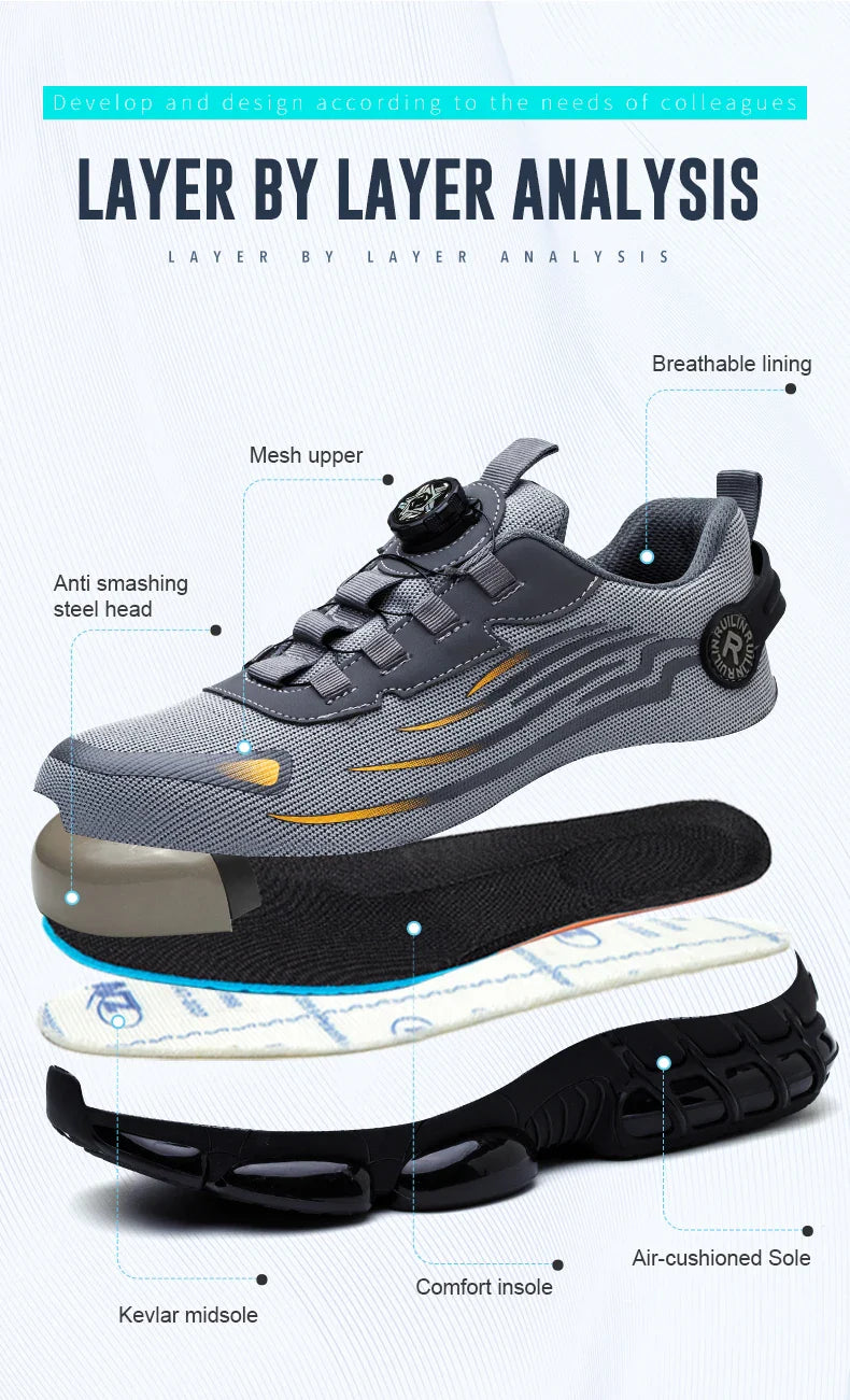 Indestructible Steel Toe Work Shoes for Men Women Rotating Button Safety Shoes Lightweight Construction Work Safety Shoes