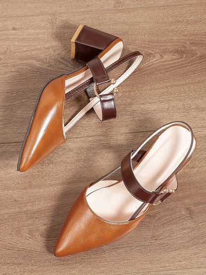 Women's Pointed Toe Block High Heel Sandals, Fashion Solid Color Slingback Shoes, Versatile Mid Heels