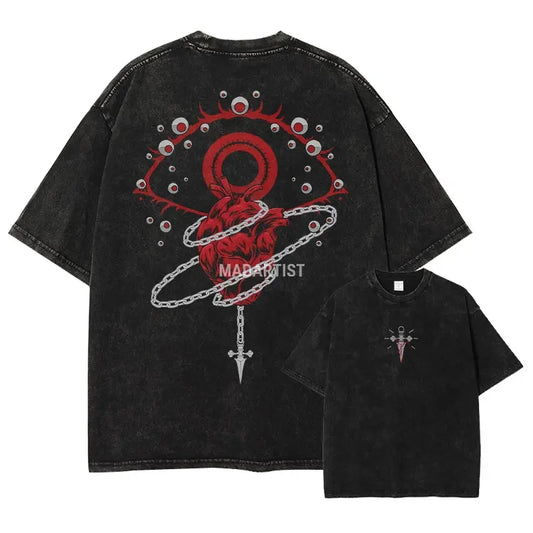 Vintage Washed Anime Hunter T-Shirt Men's Oversized 100% Cotton Comfortable Fit Tee Casual Streetwear