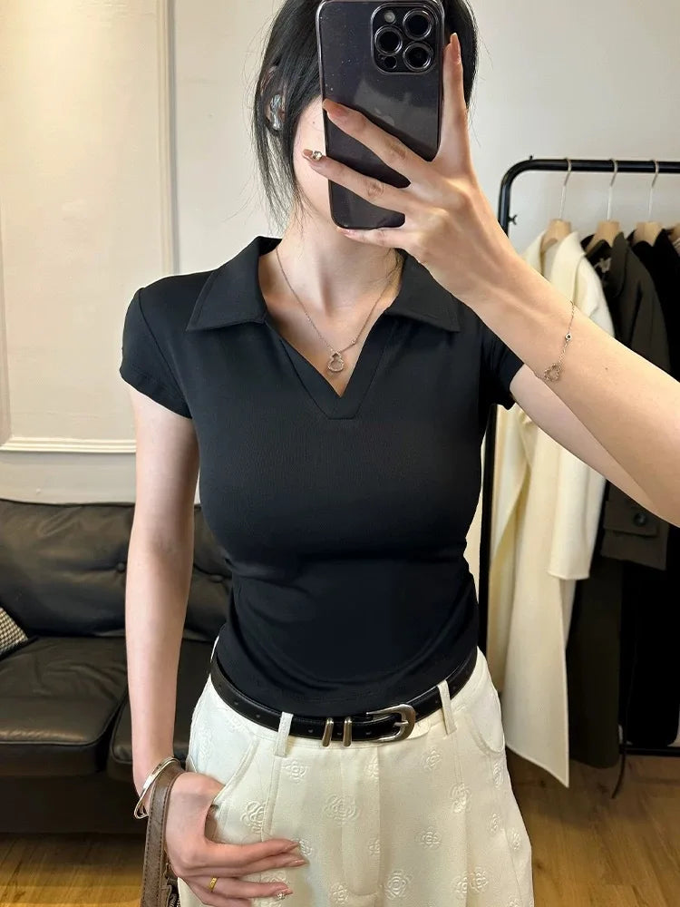 Camiseta Polo Feminina Curta Sexy de Verão em Algodão, Blusa Slim Básica Lisa de Manga Curta para Mulheres