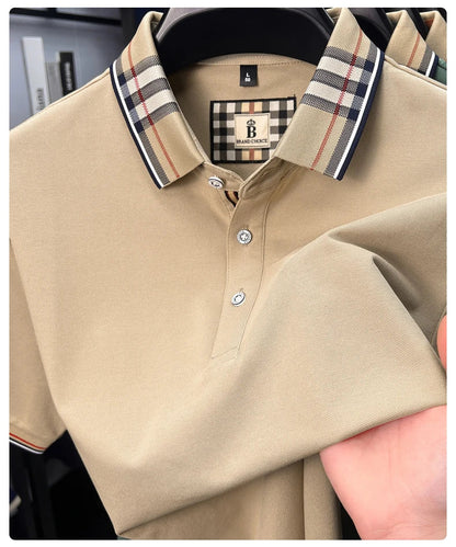 Fashion brand luxury short sleeve polo shirt men summer quality silky cotton breathable business casual striped collar T-shirt