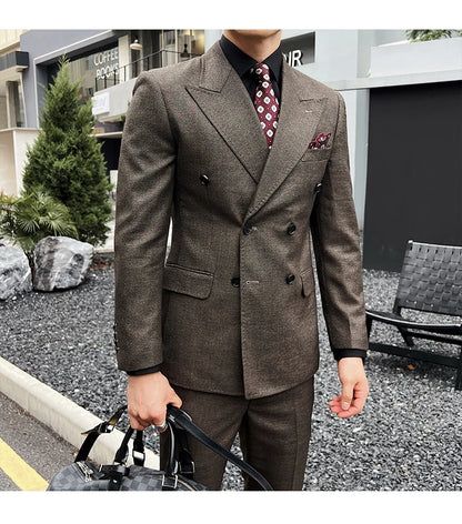 Men Vintage Luxury Double Breasted Slim Fit Lapel Evening Gown ltalian Style Fashion High-end Groom Wedding Party Tuxedo 2 Piece