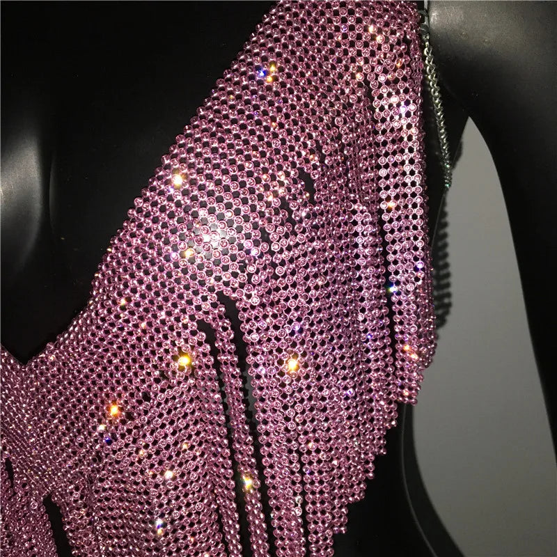 Bling Rhinestones Tassel Party Crop Top Woman Fashion Halter Neck Backless Design Full Diamond Sequins Nightclub Clubwear