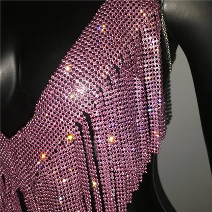 Bling Rhinestones Tassel Party Crop Top Woman Fashion Halter Neck Backless Design Full Diamond Sequins Nightclub Clubwear