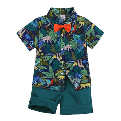 Toddler Baby Boys Sets Summer Hawaiian Outfit Infant Kids Floral Print Short Sleeve Shirt Bowtie Shirt+Shorts Gentleman Suits