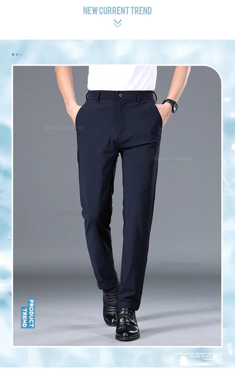 Summer Thin Stretch Trousers Men Elastic Waist Korean Classic Black Gray Blue Business Casual Formal Pants Male Brand
