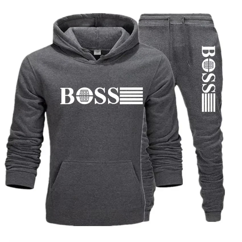 Winter and autumn fleece thickened hooded pullover sweater jacket for men, casual sports outfit, two-piece set for men
