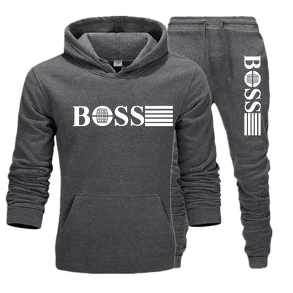 Winter and autumn fleece thickened hooded pullover sweater jacket for men, casual sports outfit, two-piece set for men