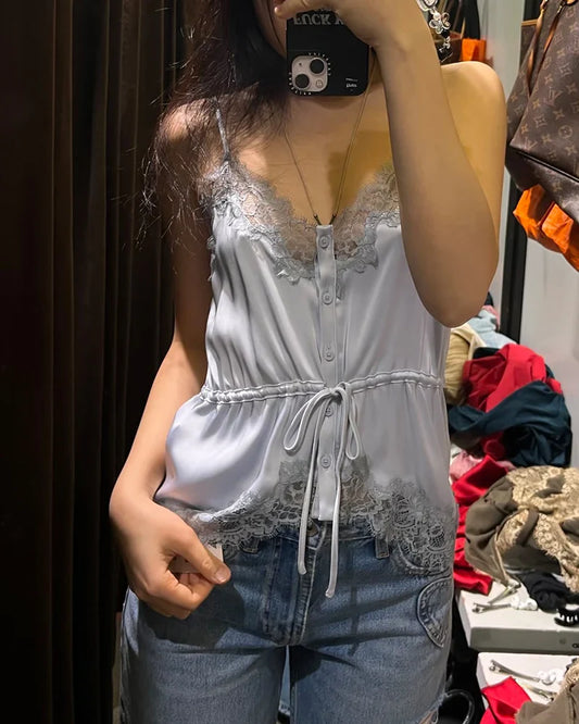 Women's Top 2026 New Spring Summer Lace Decoration Satin Textured Top for Women Chic Personality Female Spaghetti Strap Top