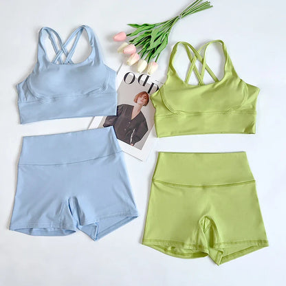 2Pcs Yoga Sets Naked Feel Gym Set Women Workout Clothes High Waist Yoga Shorts And Strappy Sports Bra Short Sets Summer