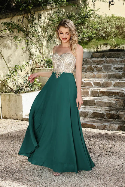 Elegant Sweetheart Prom Dress with Gold Embroidered Bodice & Flowing Chiffon Skirt for Homecoming & Formal Events
