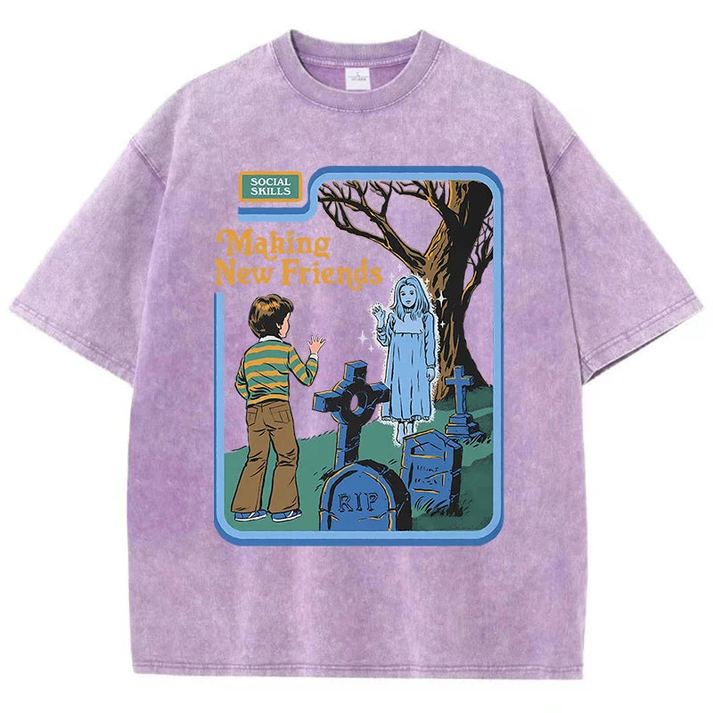 Social Skills Making New Friends Washed Retro Male Women T-Shirts Hip Hop Breathable Tops Casual T Shirt Oversized Cotton T-Shir