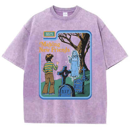 Social Skills Making New Friends Washed Retro Male Women T-Shirts Hip Hop Breathable Tops Casual T Shirt Oversized Cotton T-Shir